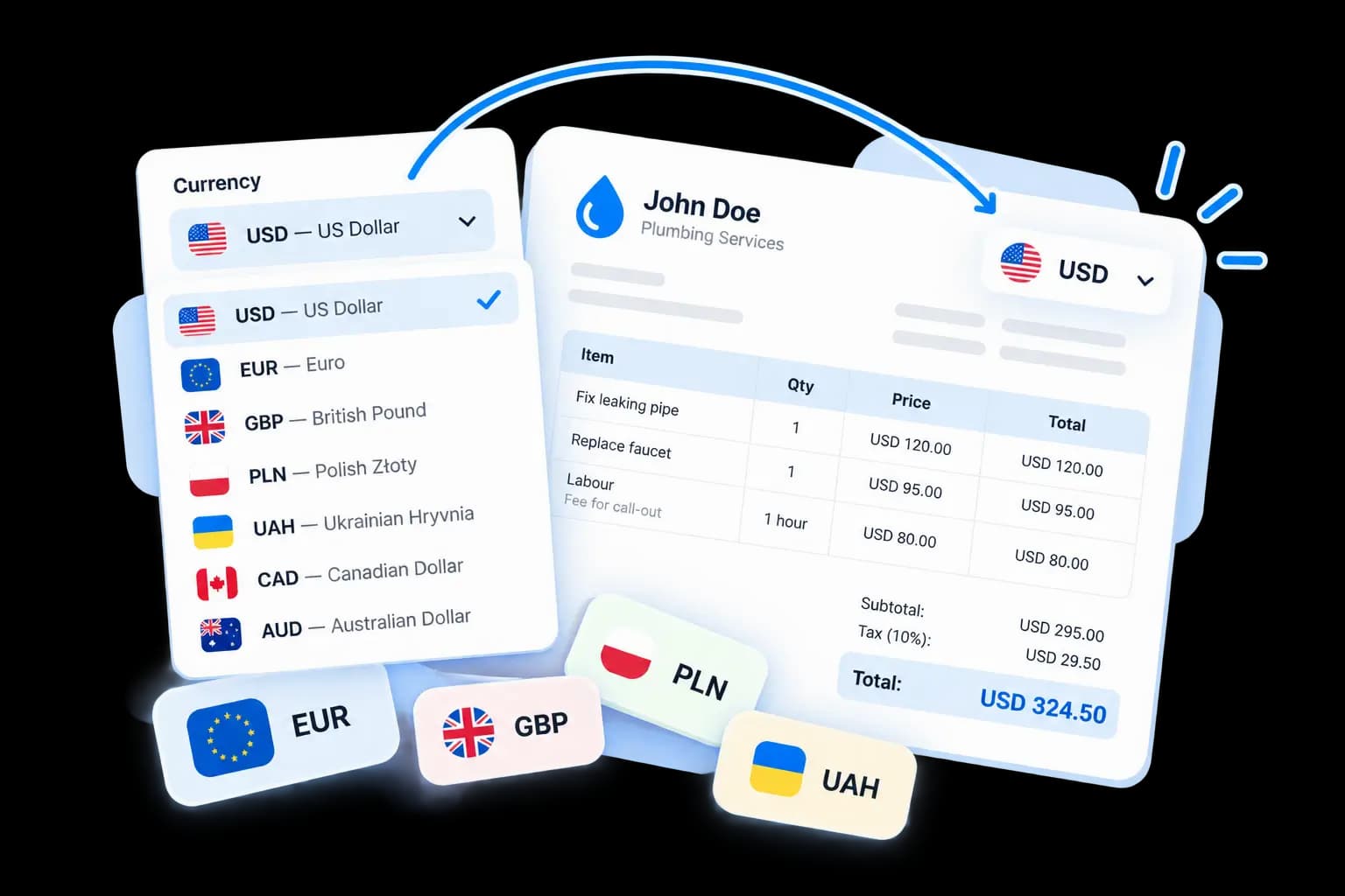 A currency picker listing USD, EUR, GBP, PLN, UAH, CAD and AUD, with the choice applied to an invoice