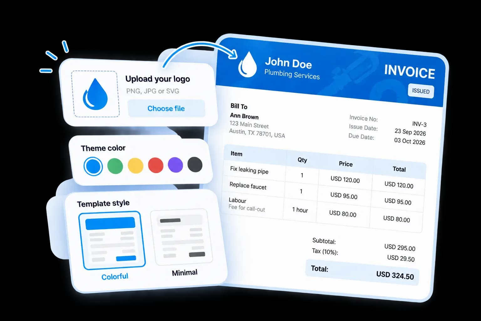 Logo upload, theme colour swatches and a Colorful or Minimal template choice, applied to an invoice