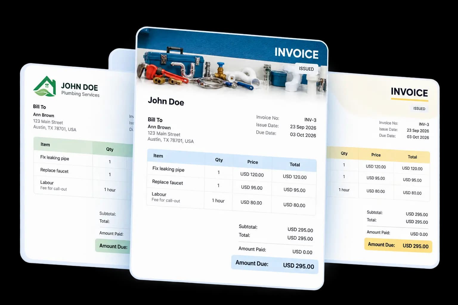 Three invoice previews fanned out, each with line items, subtotal and amount due