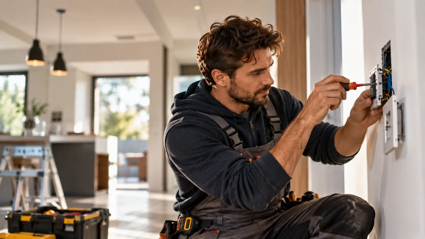 An electrician fitting a wall socket with a screwdriver in a modern home, with a tool box and step ladder behind him