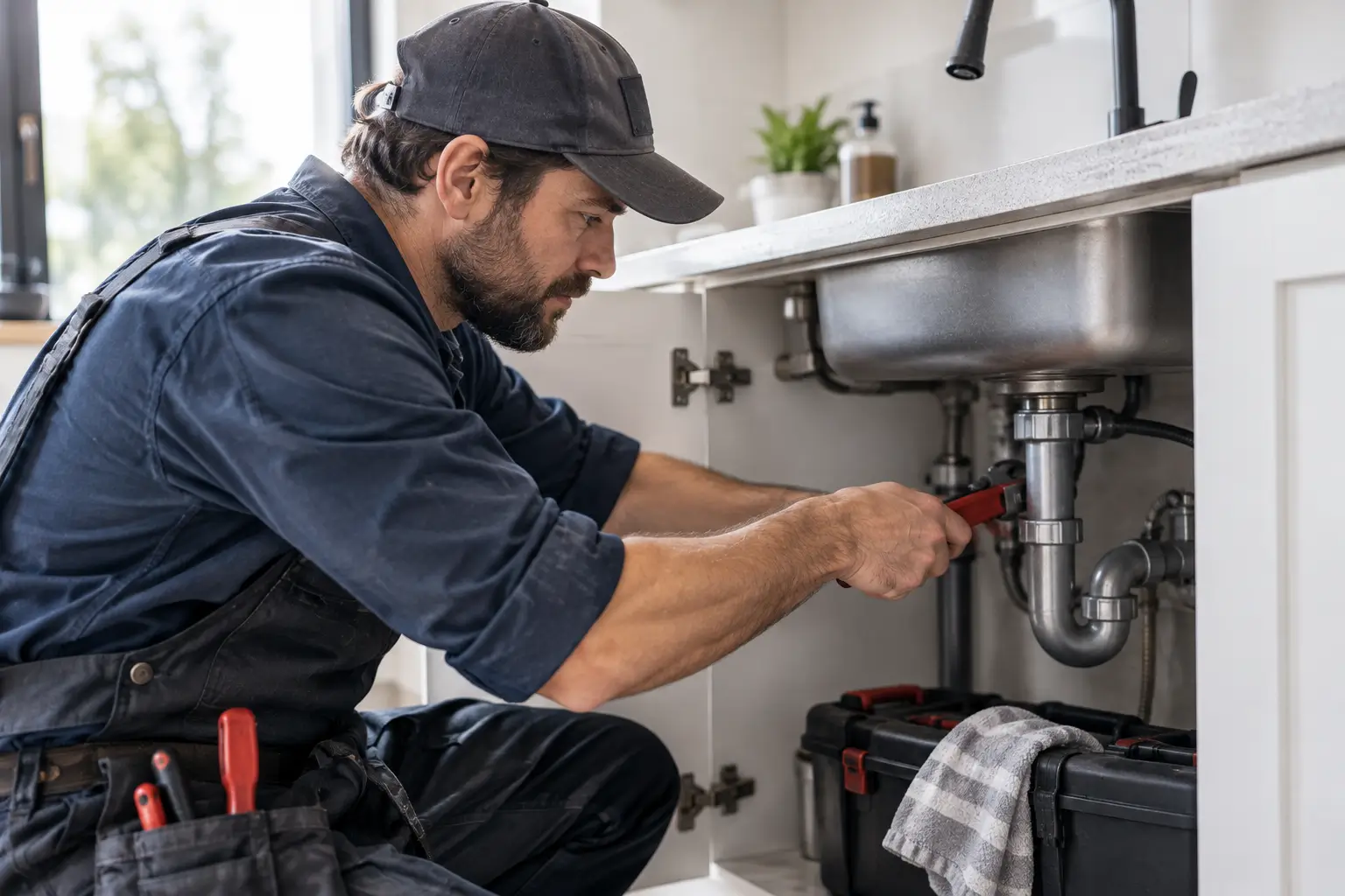 A plumber tightening a trap under a kitchen sink, with a tool box and wrench beside him