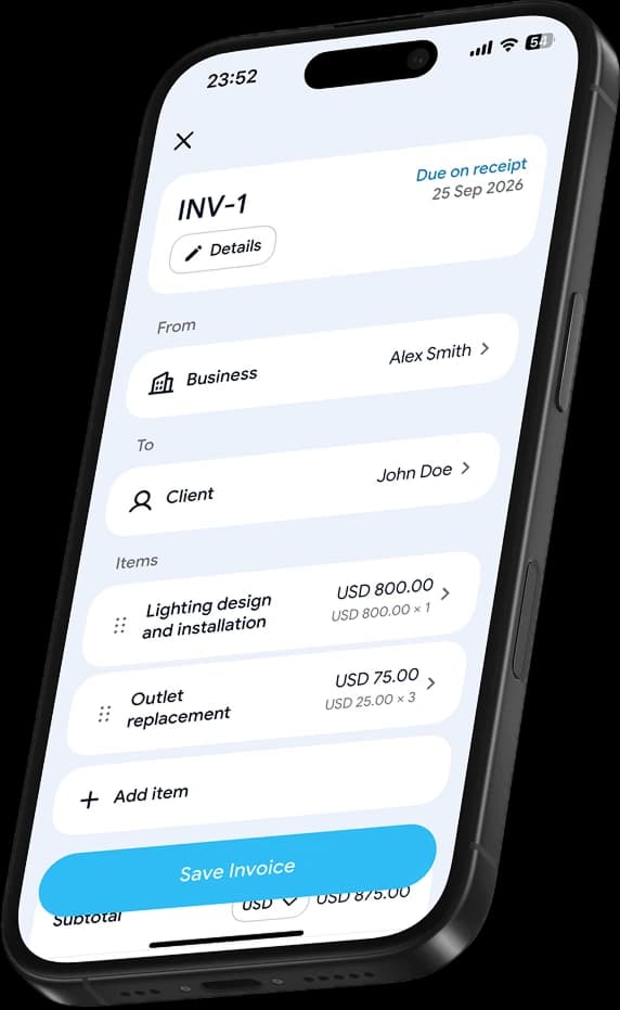 An invoice being built in the Billby app — line items, totals and a Save Invoice button