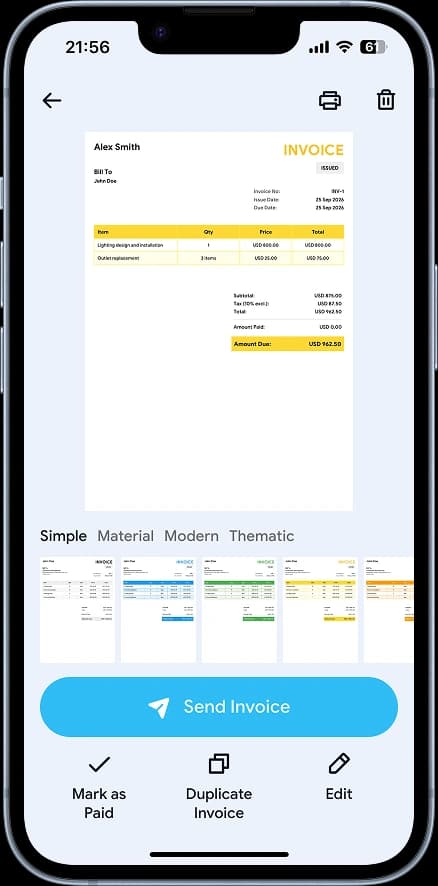 An electrical invoice in the Billby app — lighting design and installation, outlet replacement and tax, with a Send Invoice button