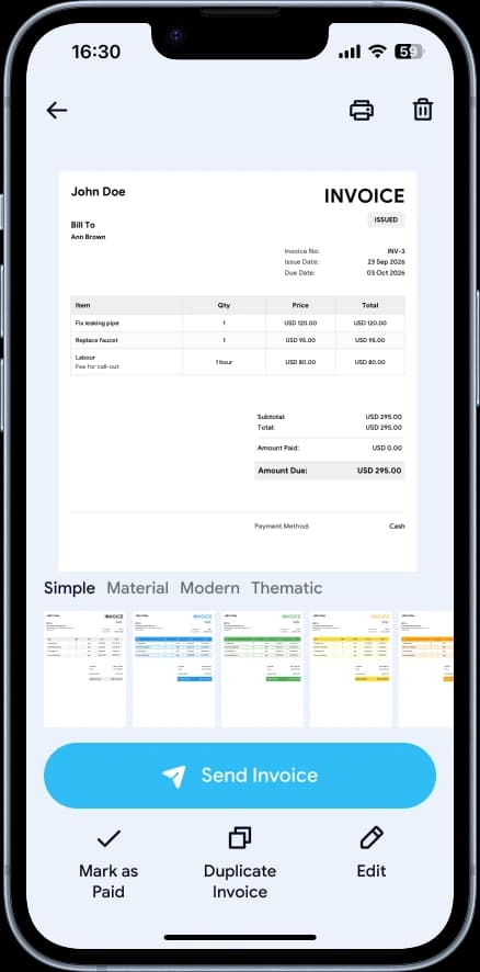 A plumbing invoice in the Billby app — a leaking pipe repair, a replaced faucet and a call-out fee, with a Send Invoice button