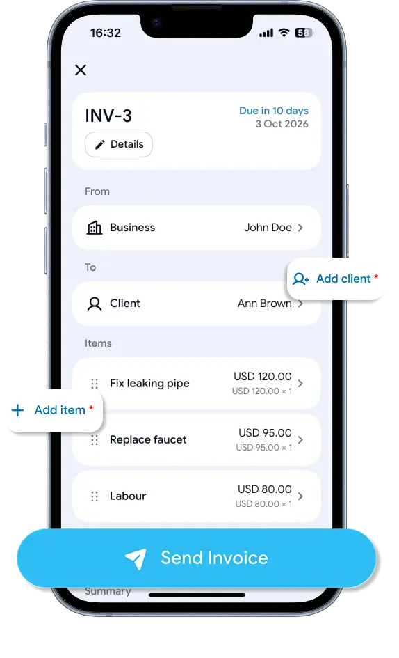 An invoice being built in the Billby app, with prompts to add a client and add an item
