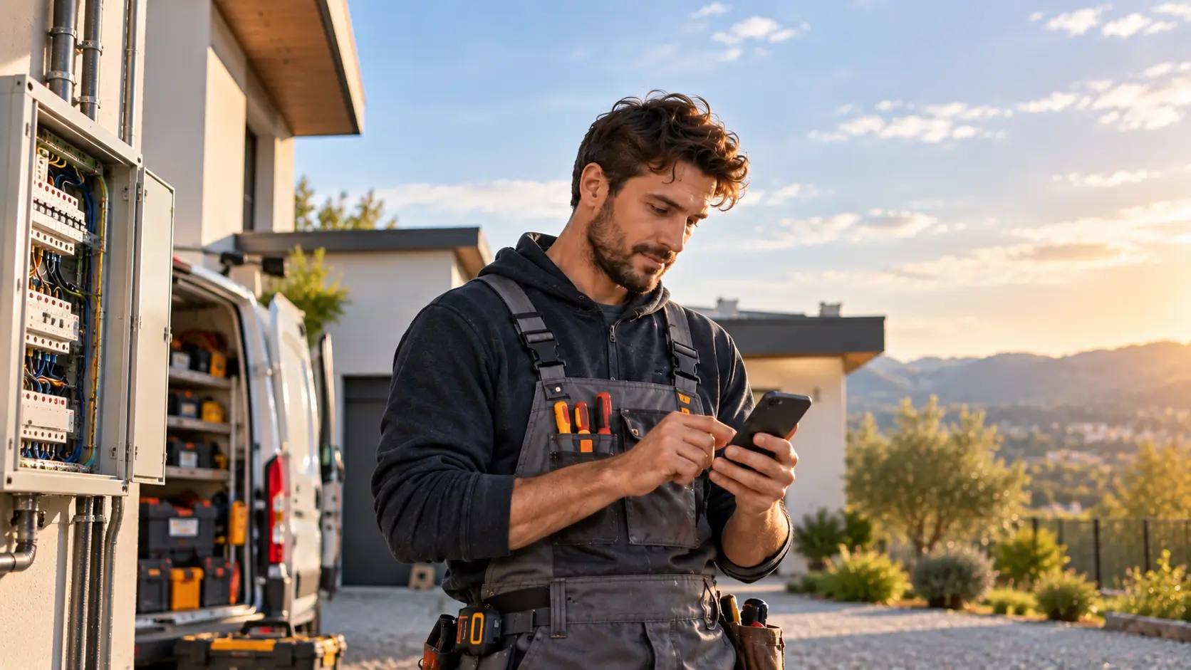 A electrician sending an invoice from a phone on the job