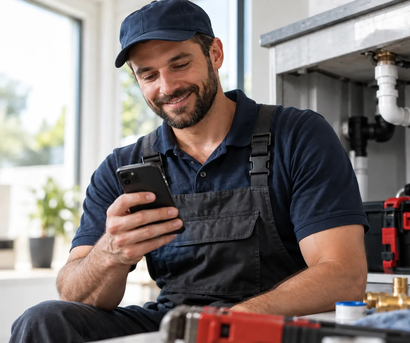 A plumber sending an invoice from a phone on the job