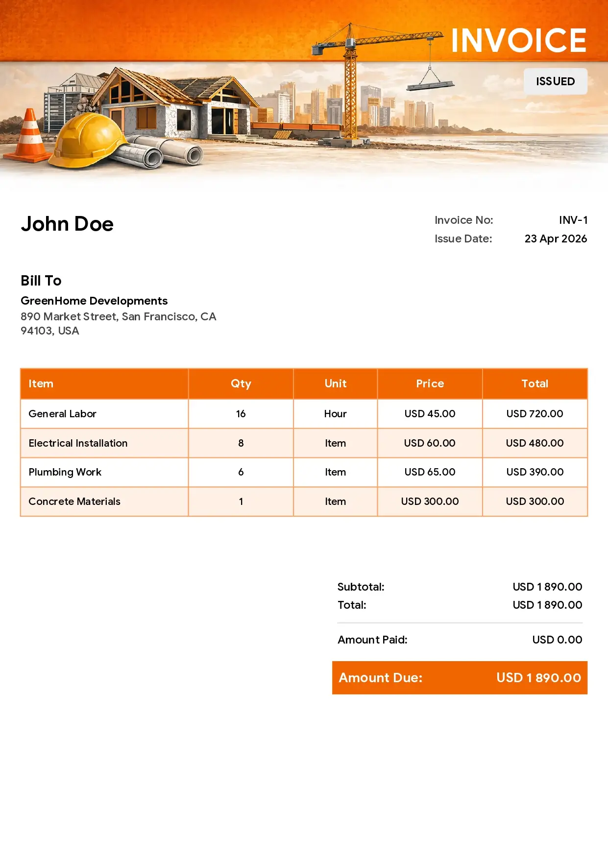 Builder invoice template