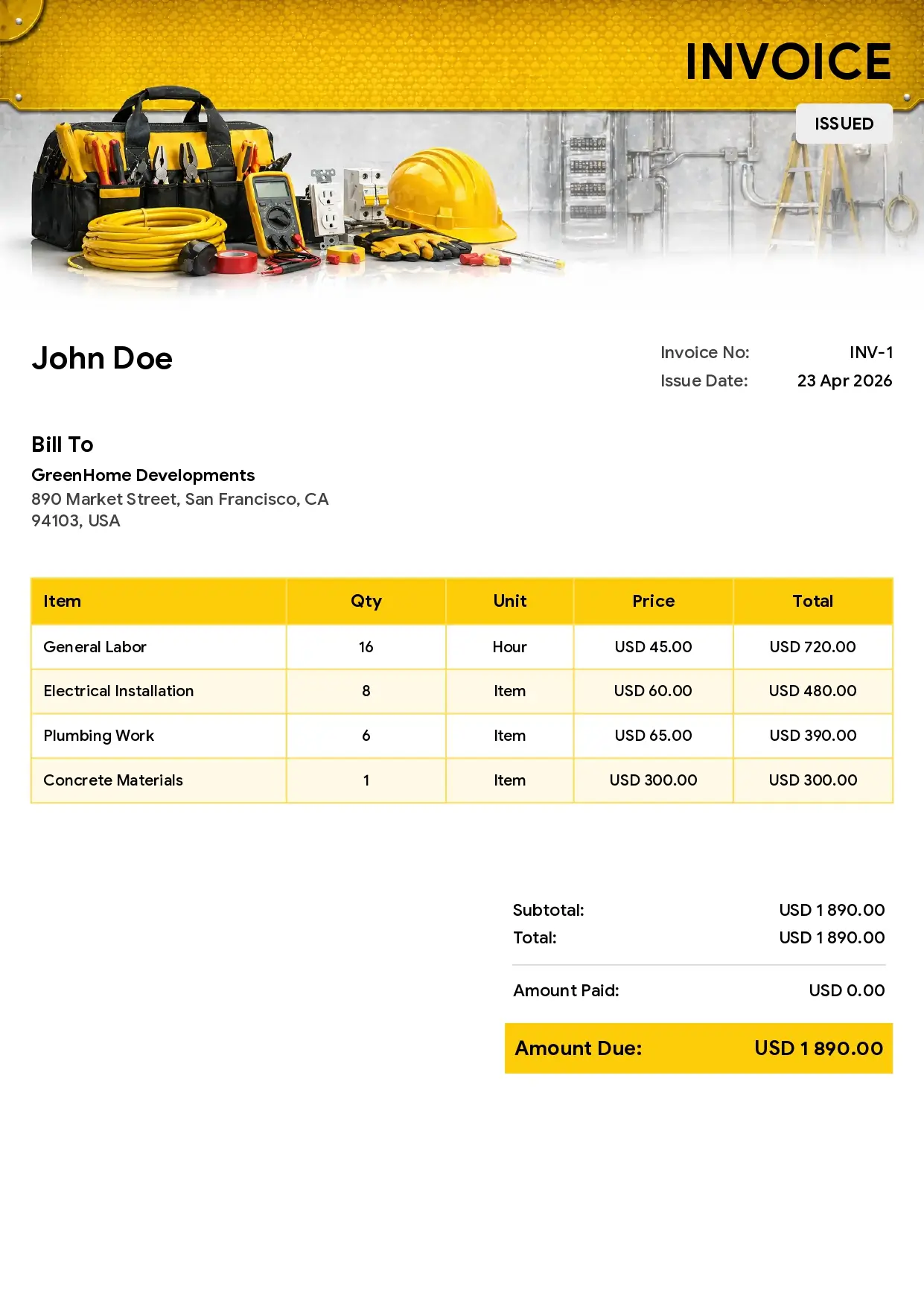 Electrician invoice template