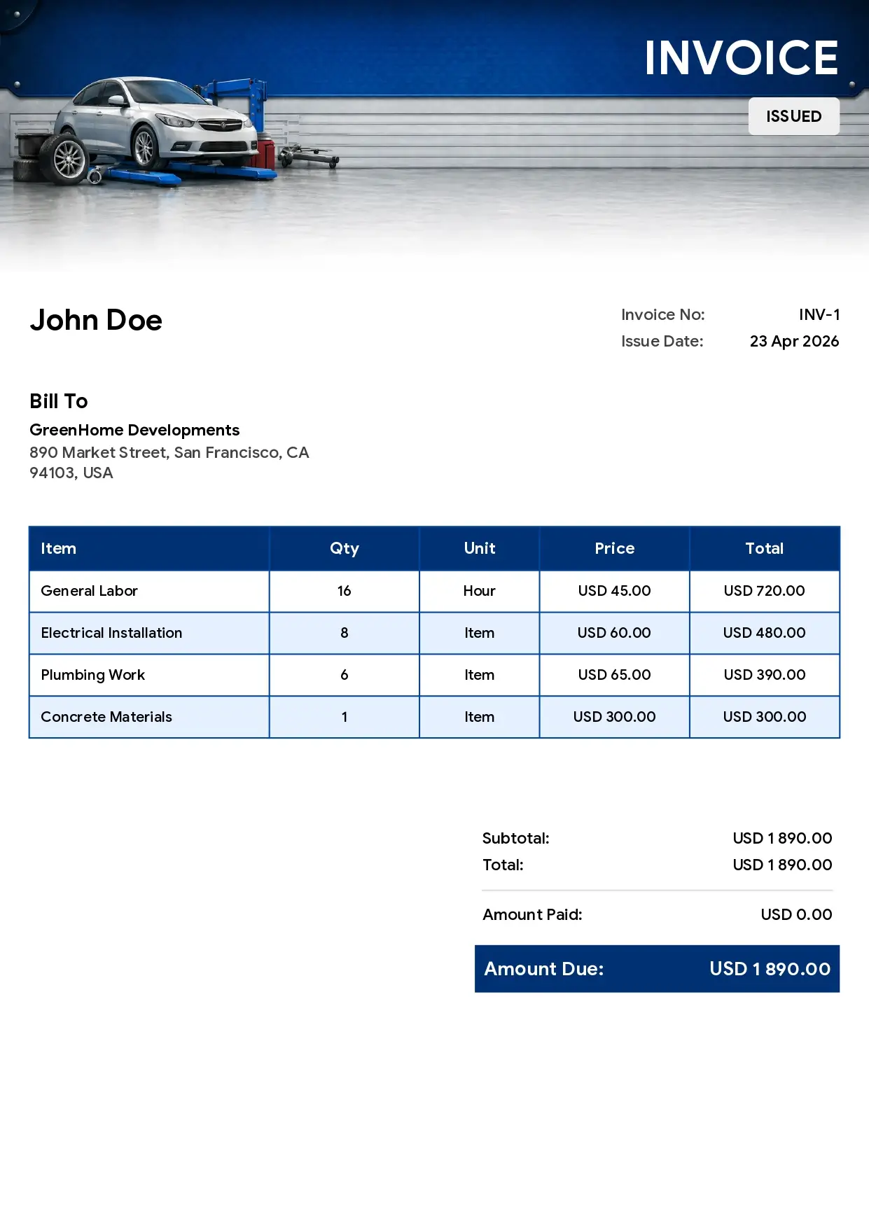 Mechanic invoice template