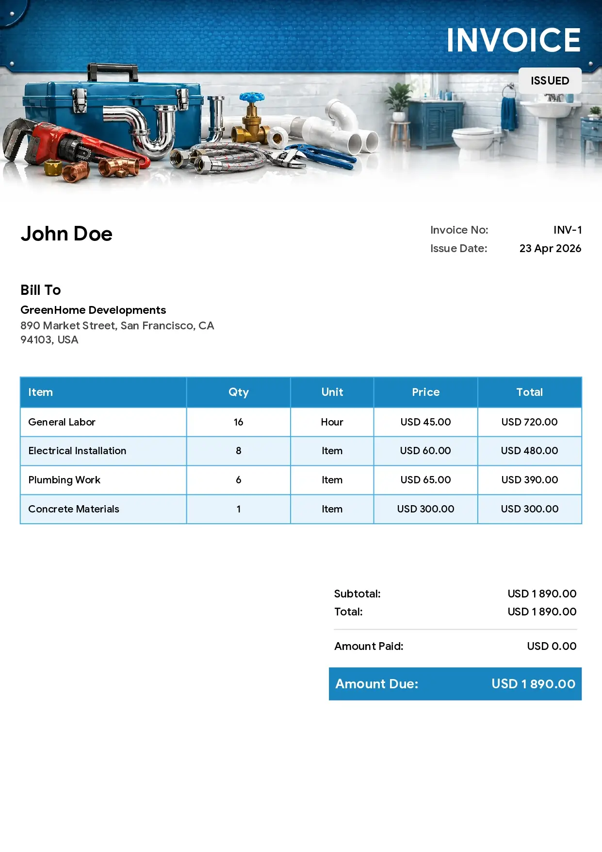 Plumber invoice template