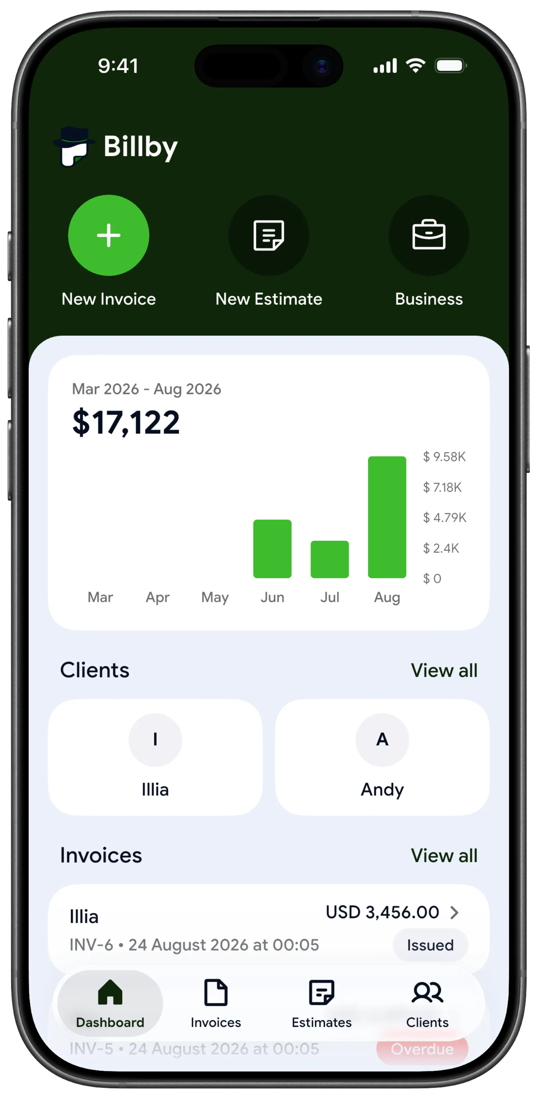 The Billby app dashboard shown on an iPhone